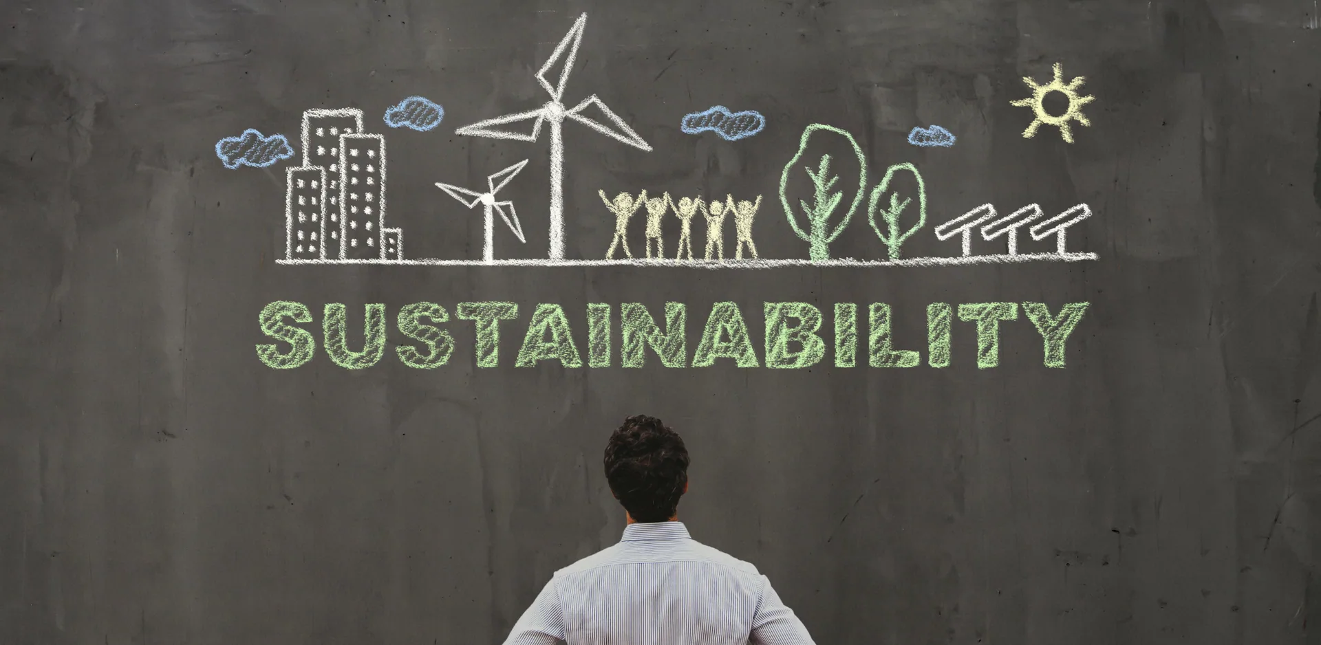 man standing in front of a wall on the wall there is a chalk drawing about sustainability