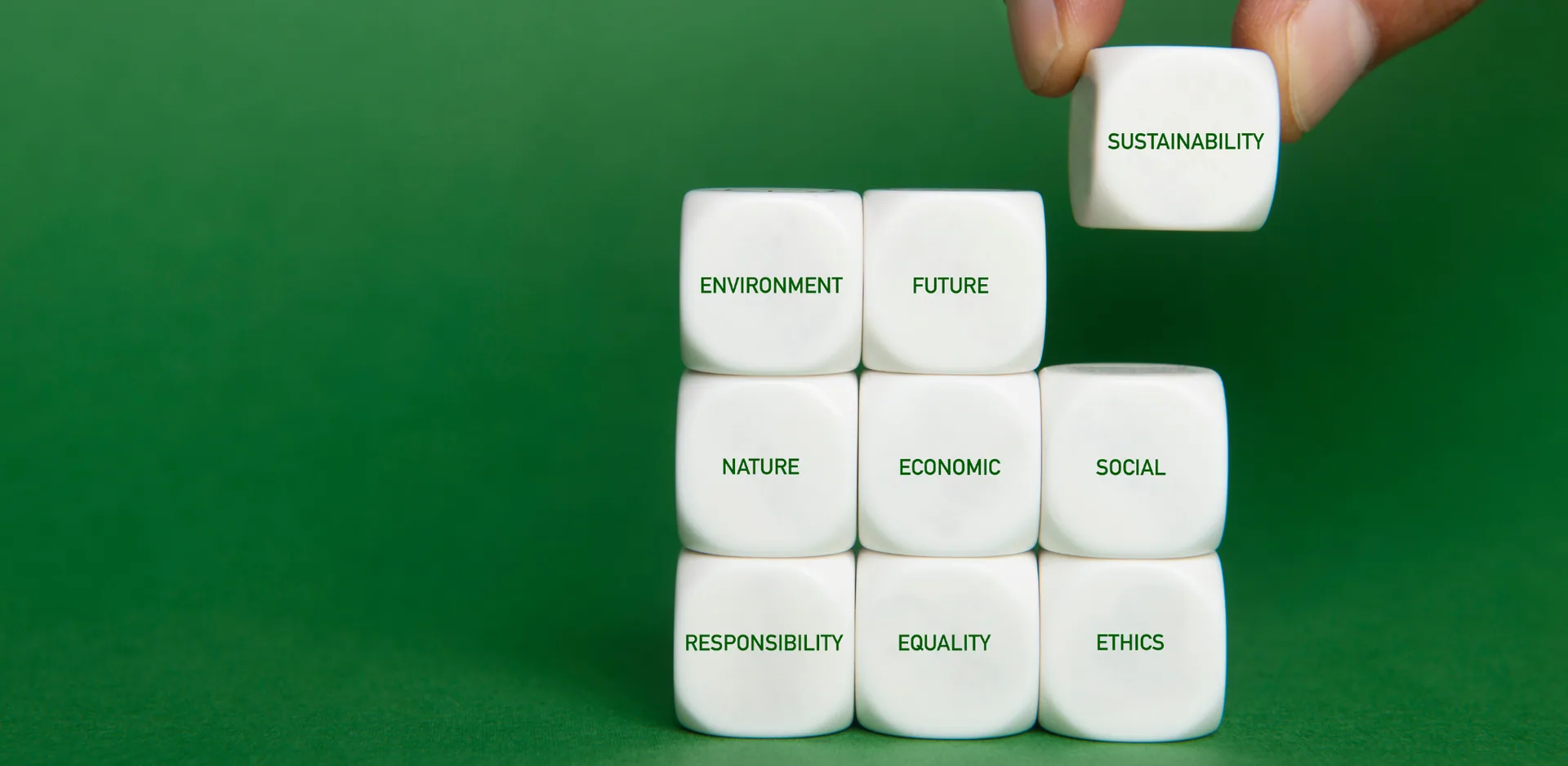 nine dices on top of each other wit various texts about sustainability