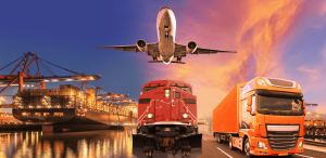 ship, a plane, a train and a truck for intermodal container transport